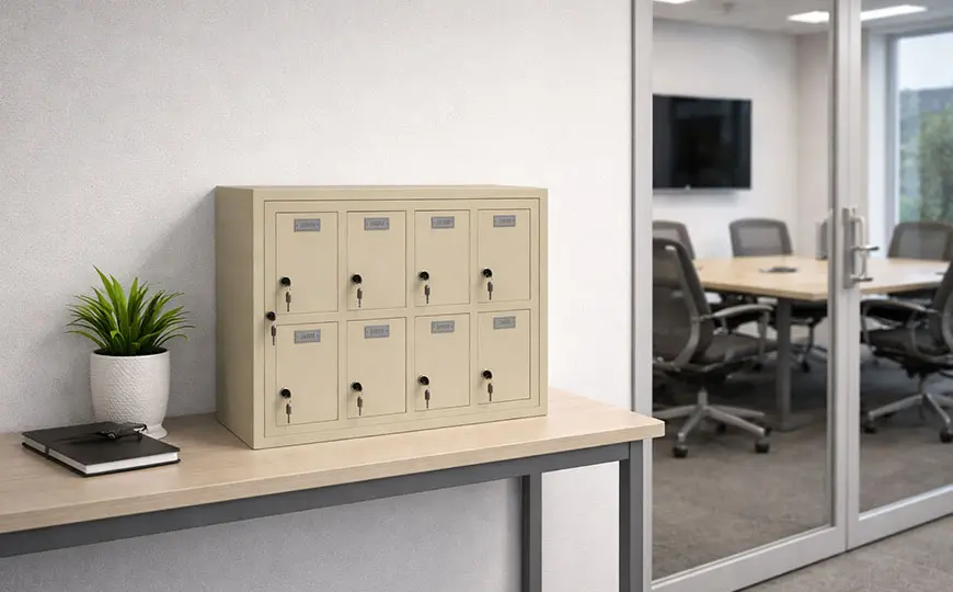 beige cell phone lockers outside the meeting room