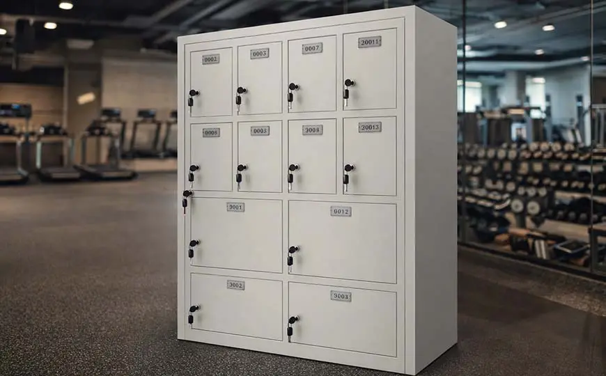 a set of mobile device storage lockers in the gym
