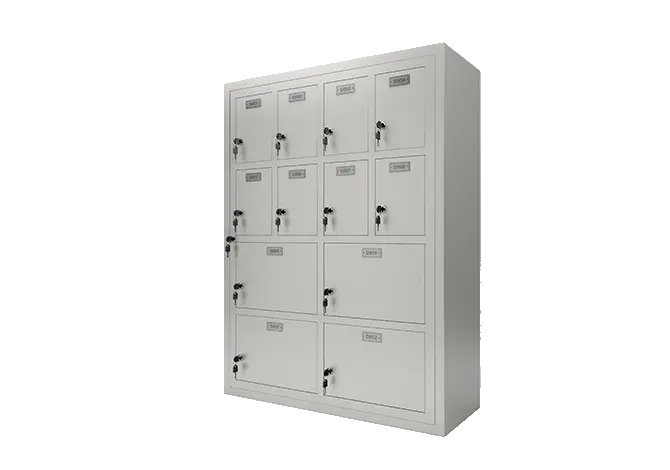 mobile device storage lockers in white grey