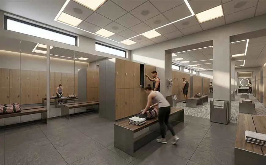 wooden gym locker is wooden grain door and dark grey locker body