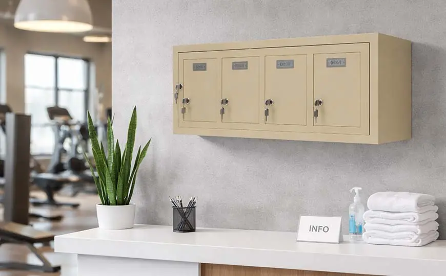 beige phone lockers in gyms