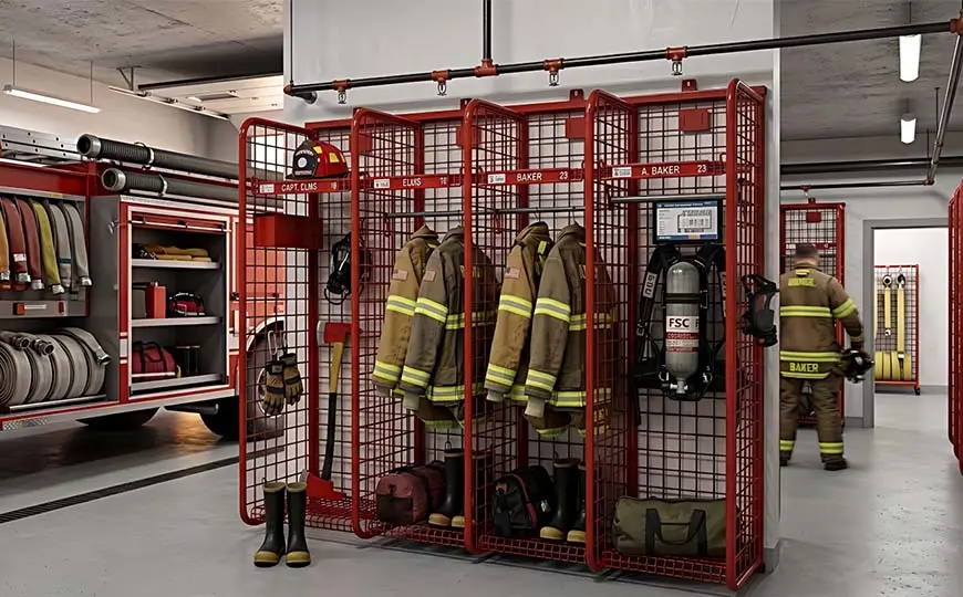 red wire mesh lockers for fire station