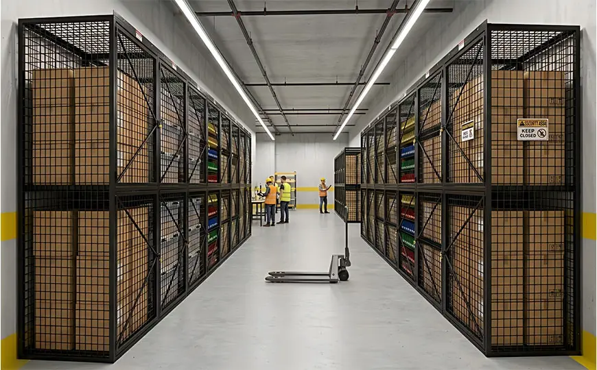 mesh storage lockers in a warehouse