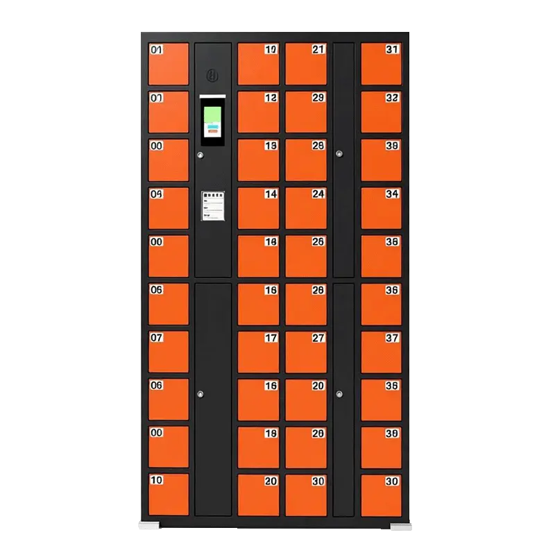 multi-compartment phone locker units in orange and black