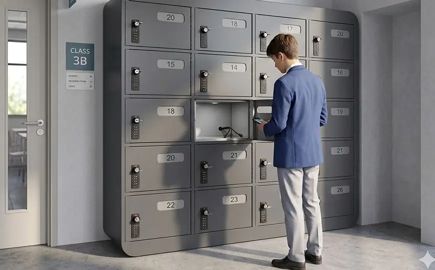 a student is charging his phone by phone charging lockers
