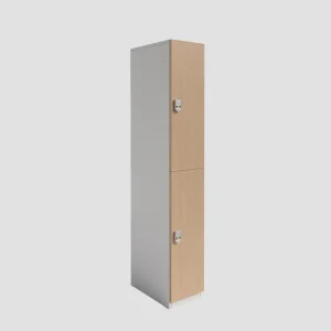 The locker doors feature wood grain panels, paired with light gray side panels to create a warm and balanced visual contrast.